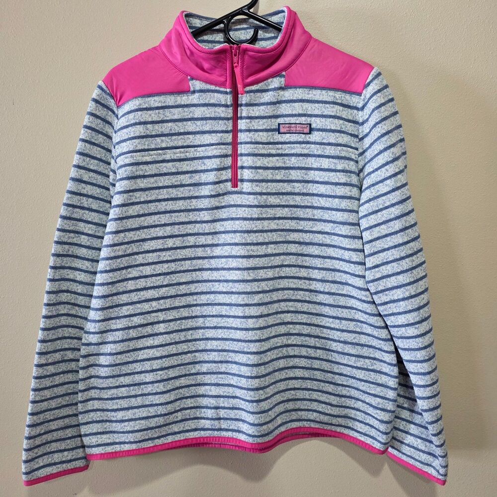 Vineyard Vines Striped Shep Shirt Pullover Blue Pink Quarter Zip Fleece L - Picture 2 of 8